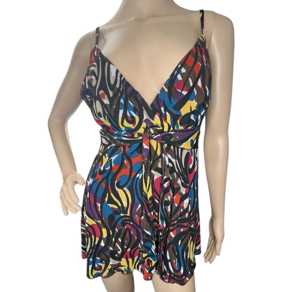 Metrostyle Vintage Colorful Abstract Print Y2K V-Neck Spaghetti Strap Blouse